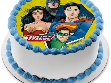 Justice League Superman Green Lantern Wonder Woman Batman Yellow Background Edible Cake Topper Image ABPID21930 Sale