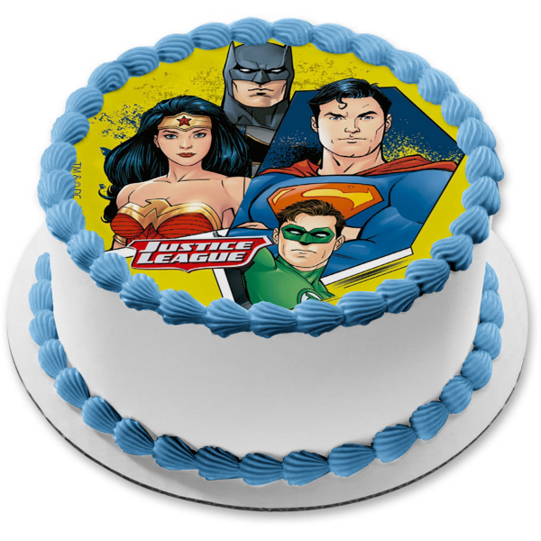 Justice League Superman Green Lantern Wonder Woman Batman Yellow Background Edible Cake Topper Image ABPID21930 Sale