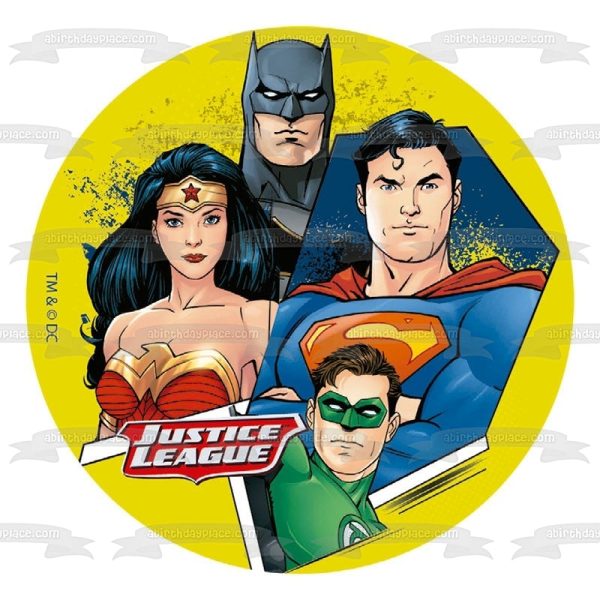 Justice League Superman Green Lantern Wonder Woman Batman Yellow Background Edible Cake Topper Image ABPID21930 Sale