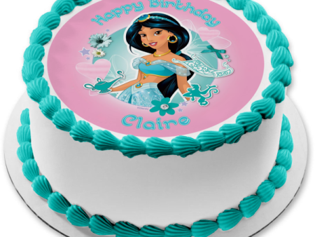 Disney Princess Jasmine Aladdin Flowers Hearts Pink Background Edible Cake Topper Image ABPID21893 For Sale