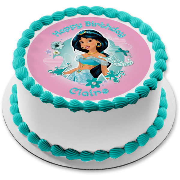 Disney Princess Jasmine Aladdin Flowers Hearts Pink Background Edible Cake Topper Image ABPID21893 For Sale