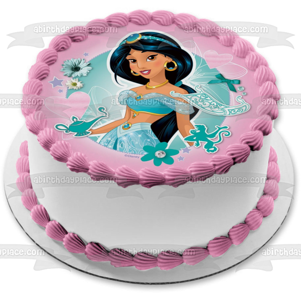 Disney Princess Jasmine Aladdin Flowers Hearts Pink Background Edible Cake Topper Image ABPID21893 For Sale