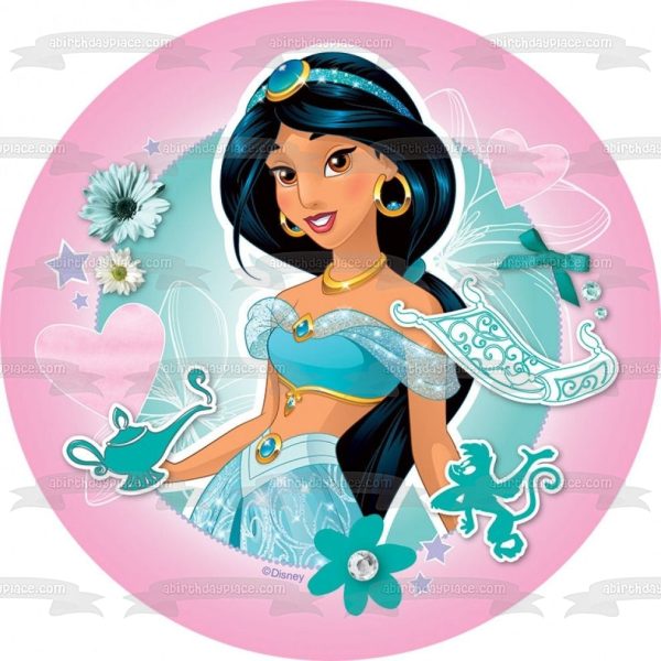 Disney Princess Jasmine Aladdin Flowers Hearts Pink Background Edible Cake Topper Image ABPID21893 For Sale