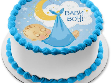 Baby Shower Baby Boy In Blanket Moon Stars Cloud Edible Cake Topper Image ABPID21819 For Sale